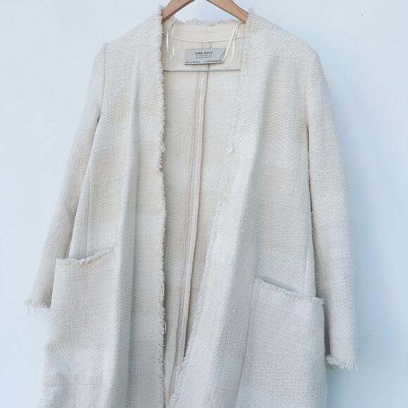 Zara Outerwear Cotton Wool Knit Open Long Cardigan Sweater Cream XS Small - Picture 3 of 9